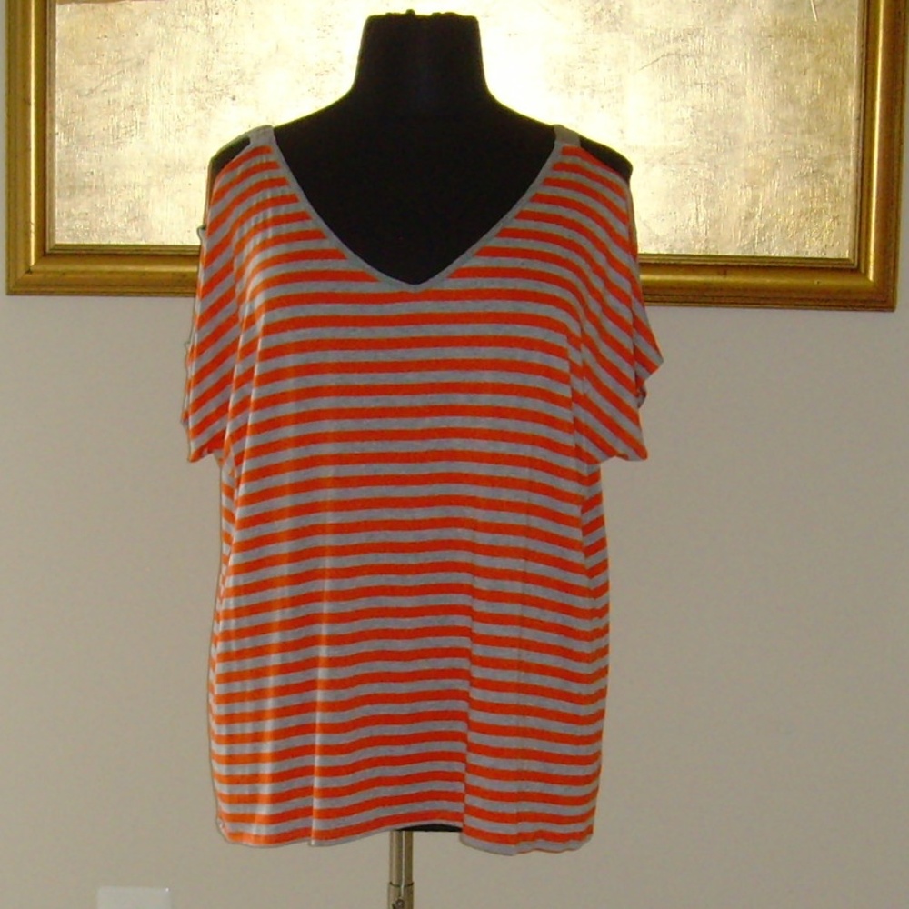 BOBEAU Orange & Gray Stripped Short Sleeve Tunic
